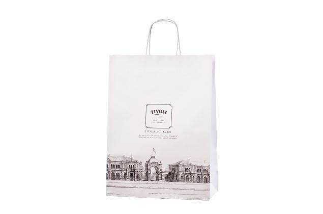 Hyv�nn�k�inen ja korkealaatuinen valkoinen paperikassi. Saatavana yksil�llisell� painatuksella. To