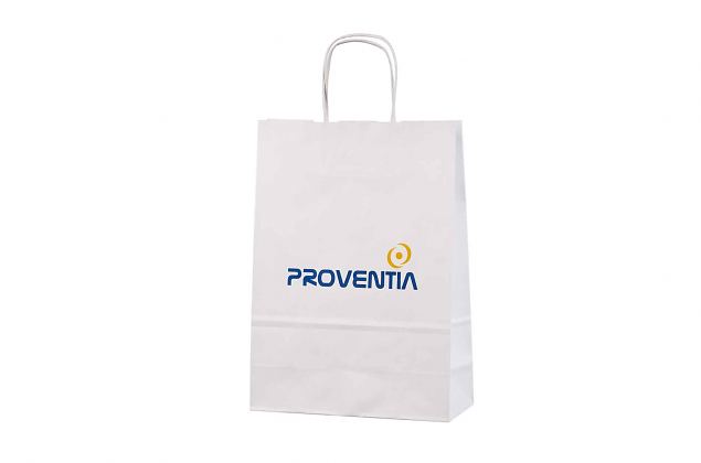 Hyvin suunniteltu valkoinen paperikassi. Minimitilausm��r� omalla painatuksella alkaa vain 50 kap