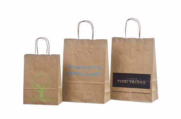 Billige miljvennlige papirposer med flat hank og logo 